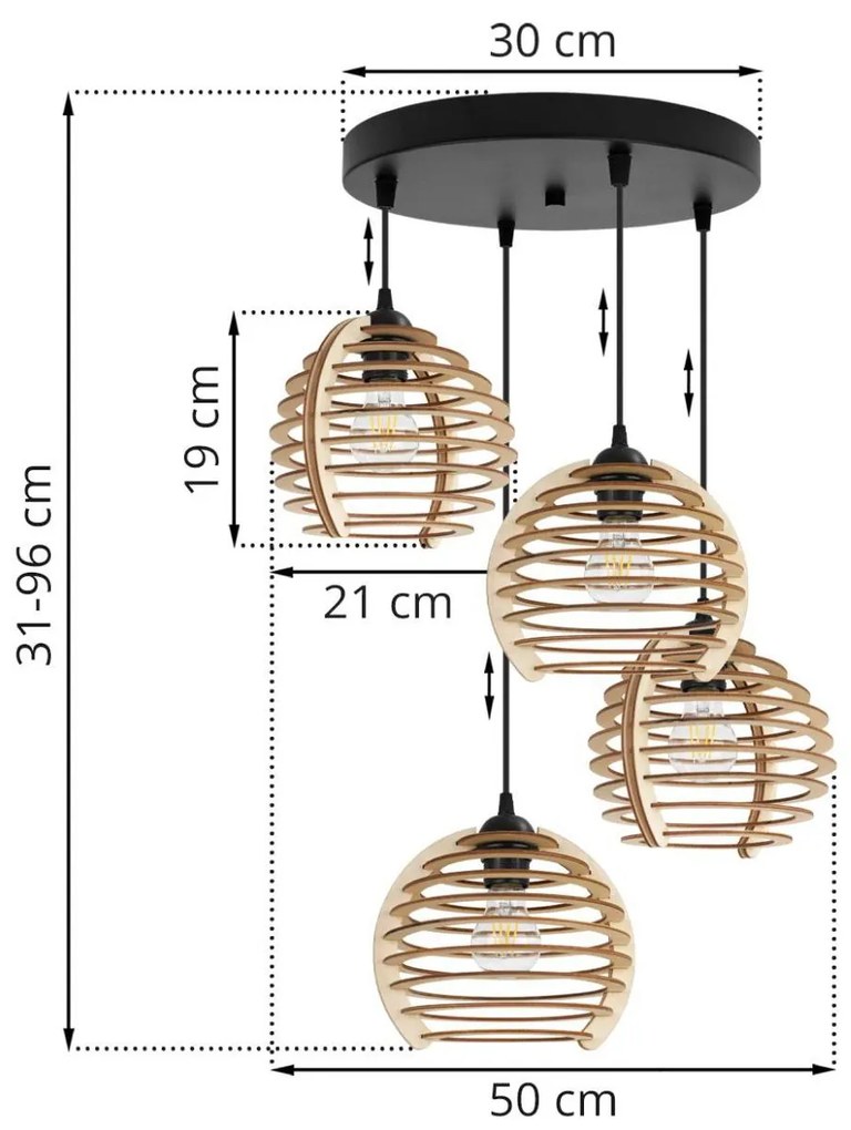 Závesné svietidlo TIMBER, 4x drevené tienidlo, O, N