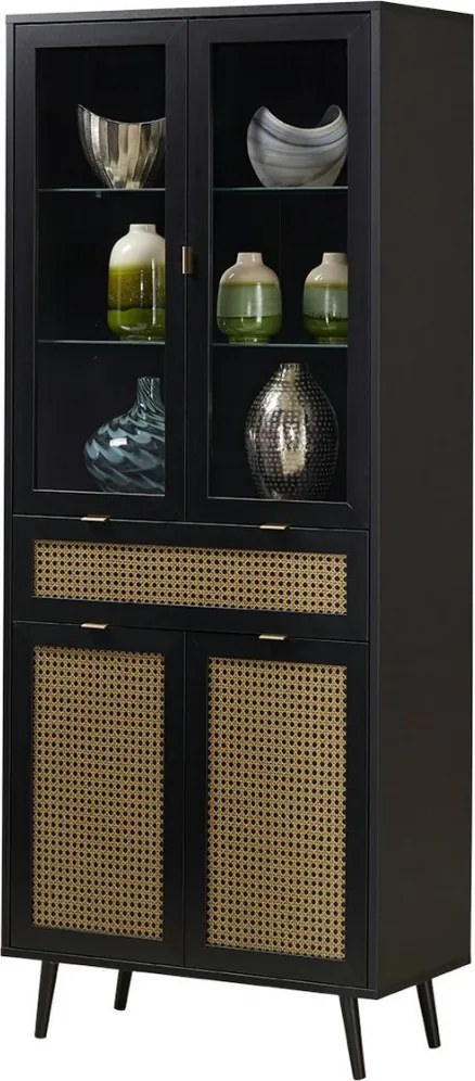 Vysoká vitrína Vienna, čierna/výplet