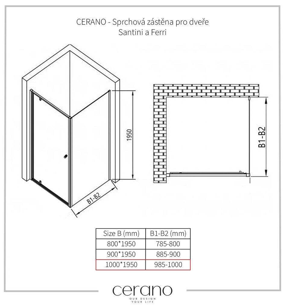CERANO Cerano, sprchová zástena pre dvere Santini a Ferri 100x195 cm, 6mm číre sklo, čierny profil, CER-CER-425656
