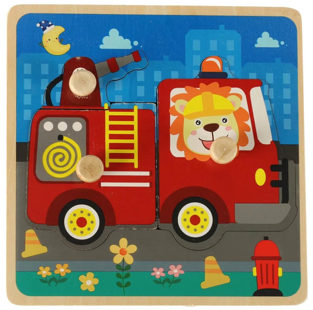 KIK Drevené puzzle Hasičský zbor – hasičské auto pre deti, veľké dieliky, bezpečné