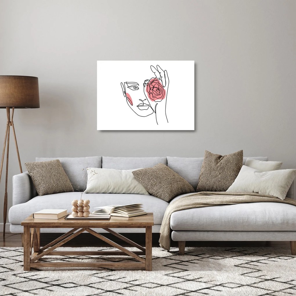 Sklenený obraz - Line art tvár s ružou (70x50 cm)