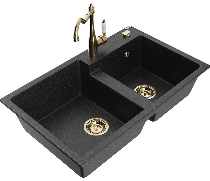 Mexen Tomas, granitový drez 800x500x190 mm, 2-komorový a drezová batéria Carla, čierna-strieborná metalíza, 6516-73-670700-50
