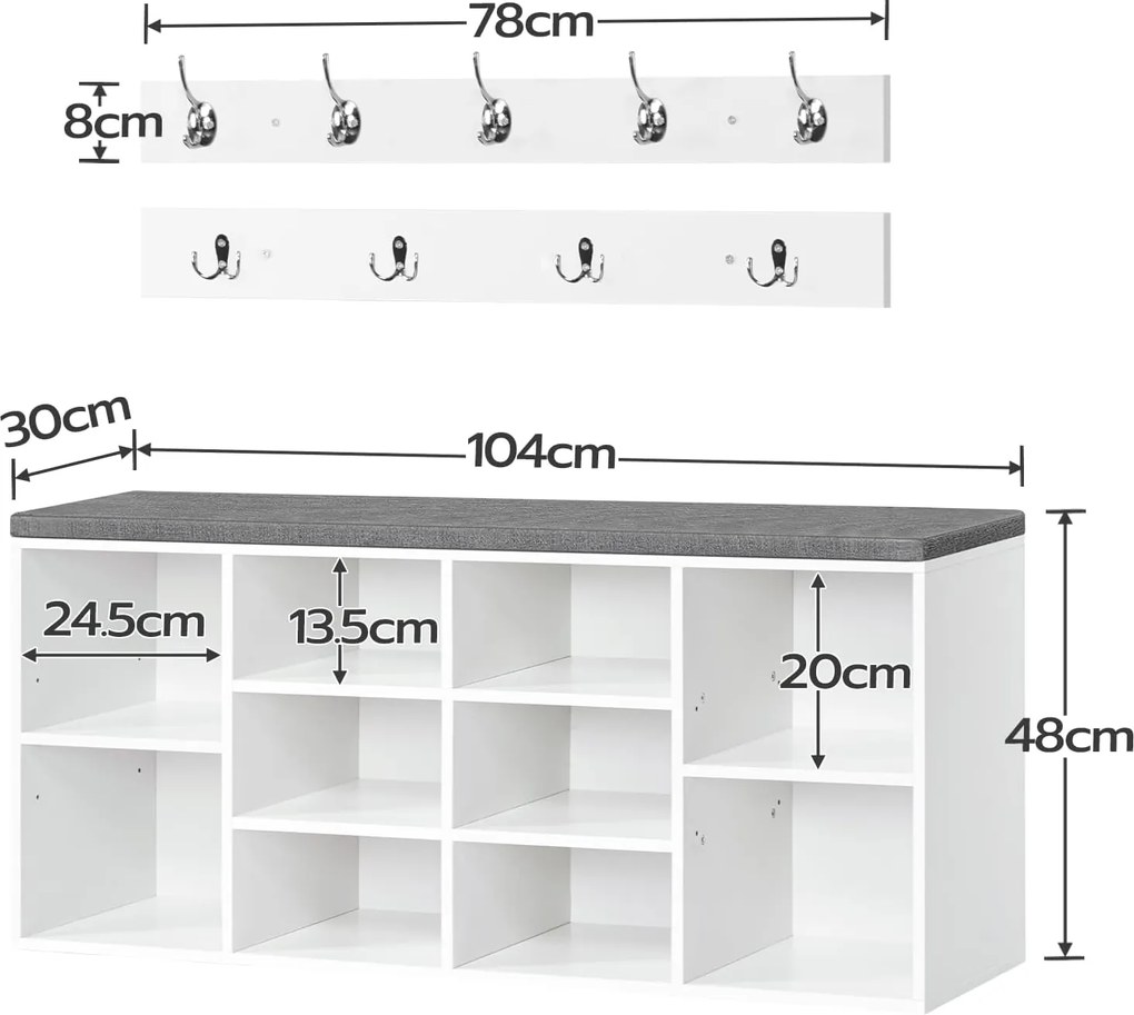 Predsieňový vešiak s botníkom a sedadlom Vasagle Jungo 104 cm biely/sivý