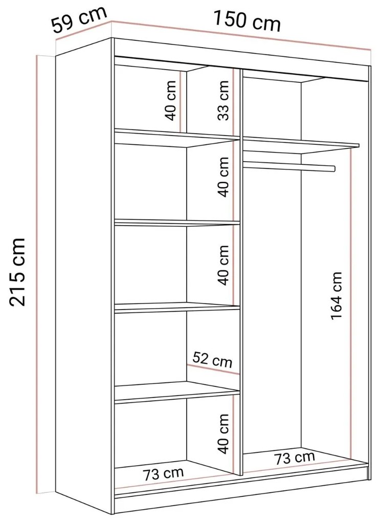 ŠATNÍKOVÁ SKRIŇA S POSUVNÝMI DVERAMI CYNTIA KAŠMÍR + ZLATÉ LIŠTY 150 cm