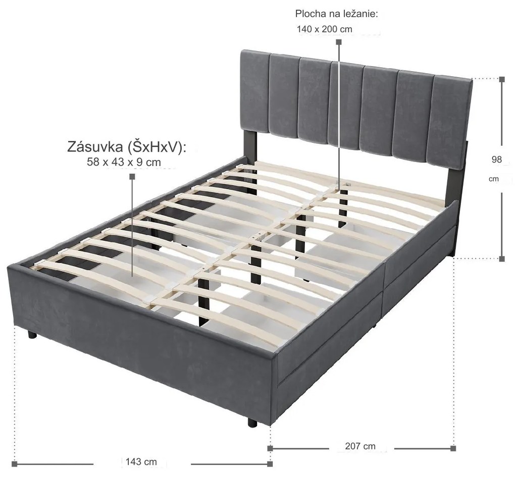 InternetovaZahrada Čalúnená posteľ Soria 140 x 200 - šedá