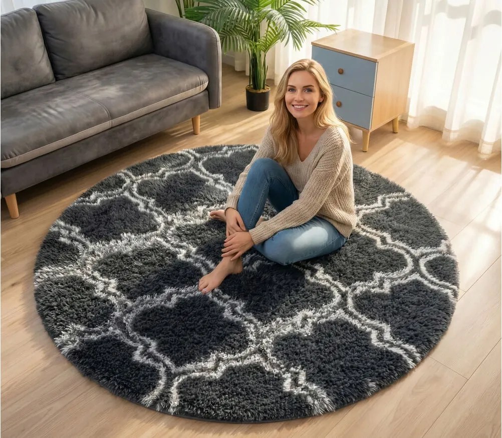 TZ Tmavosivý okrúhly vzorovaný koberec shaggy Decor Latern Rozmer: 140 cm