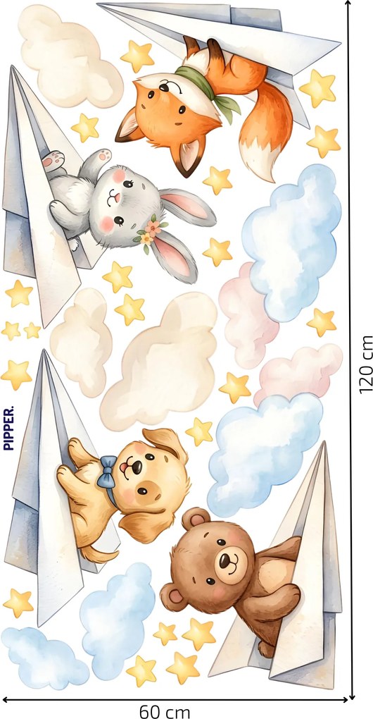 PIPPER. Textilná nálepka na stenu "Zvieratká v papierových lietadielkách"