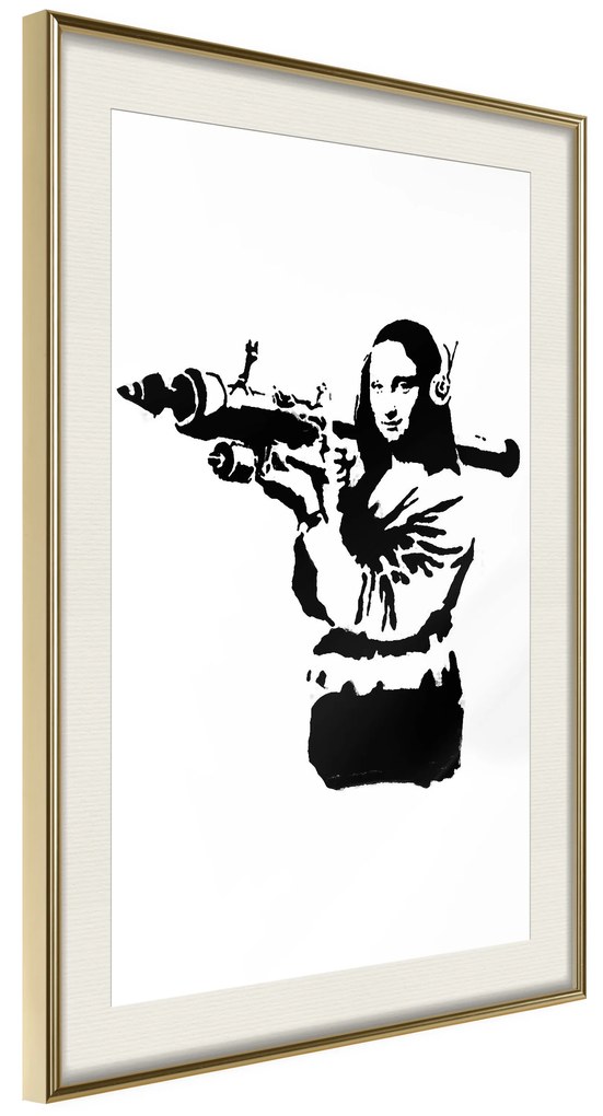 Artgeist Plagát - Banksy Mona Lisa with Rocket Launcher [Poster] Veľkosť: 30x45, Verzia: Čierny rám s passe-partout