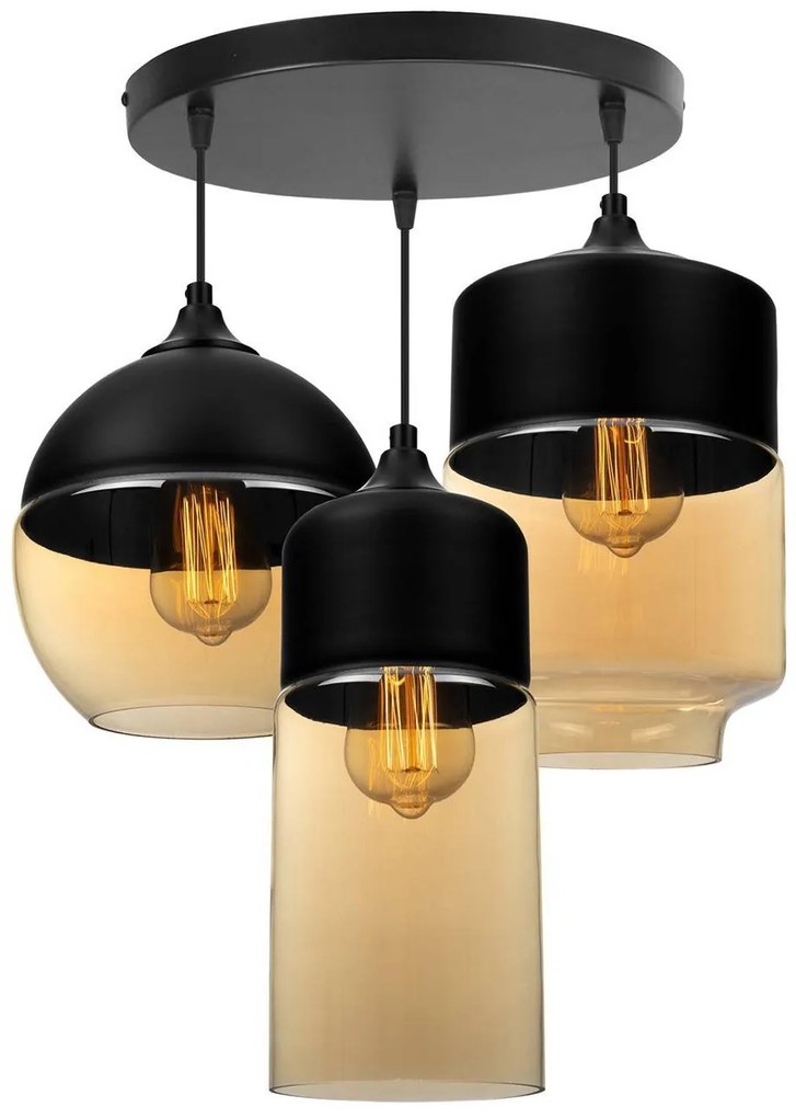 Závesné svietidlo Oslo 4, 3x čierne/medové sklenené tienidlo, o