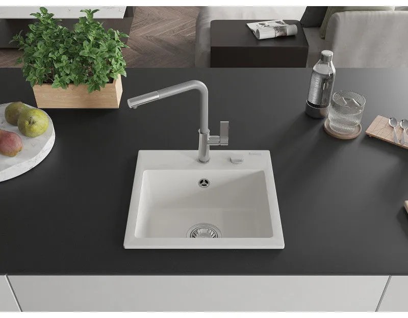 Mexen Milo, 1-komorový granitový drez 435x410x171 mm a drezová batéria Flora, biela, 6505-20-670401-06