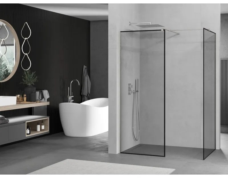 Mexen Kioto, 2-stenová sprchová zástena Walk-In 160 x 120 cm, 8mm číre sklo čierny vzor, brúsená oceľ profil, 800-160-202-97-70-120