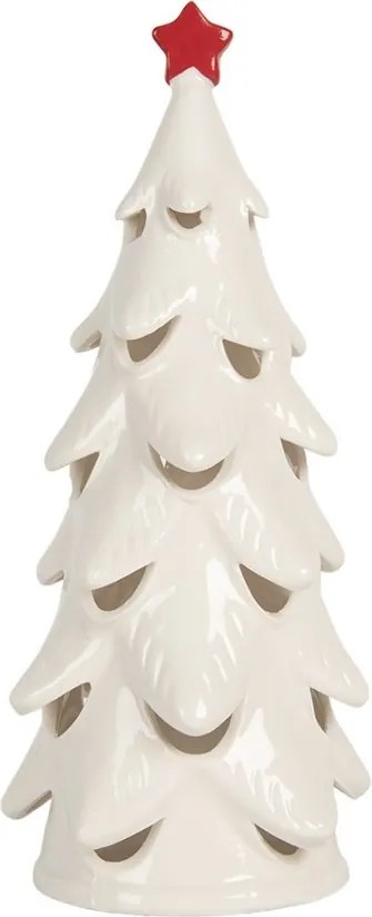 Biely keramický LED stromček s červenou hviezdou - Ø 11*25 cm