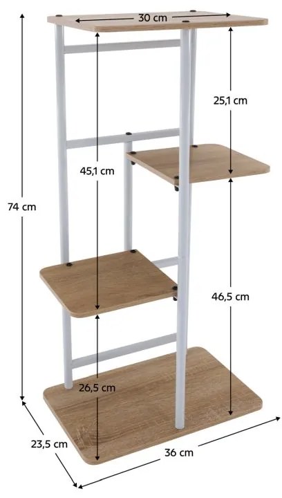 Kondela Stojan na kvety, kov biely, DTD dub sonoma, LEDOR TYP 1