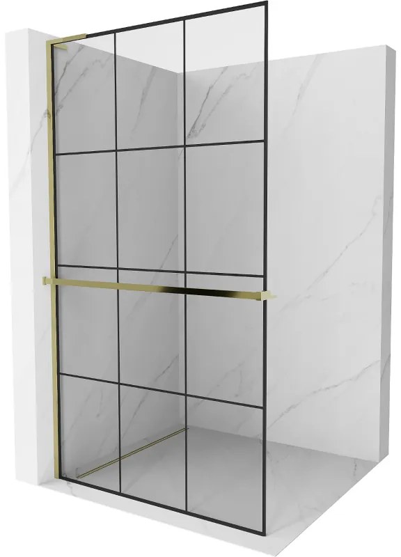 Mexen Kioto+ L, sprchová zástena Walk-In s poličkou a vešiakom 120 x 200 cm, 8mm číre sklo čierny vzor, zlatý lesklý profil,800-120-123-50-77