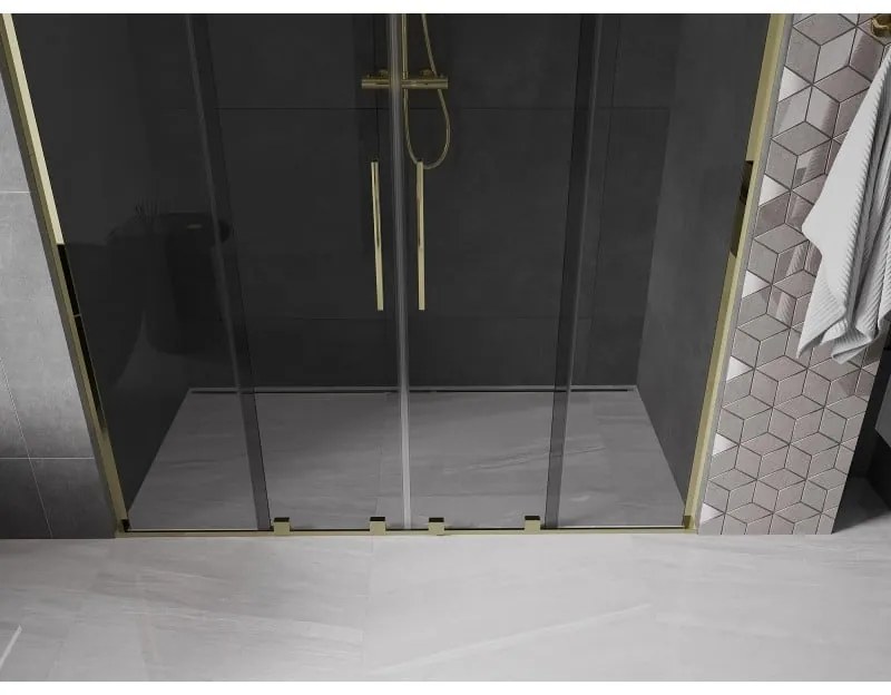 Mexen Velar L Duo, posuvné sprchové dvere do otvoru 170 cm, 8mm šedé sklo, zlatá lesklá, 871-170-003-42-50