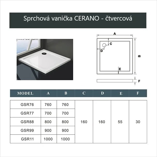 Cerano Piato, štvorcová sprchová vanička z liateho mramoru 100x100 cm, biela matná, CER-CER-476945