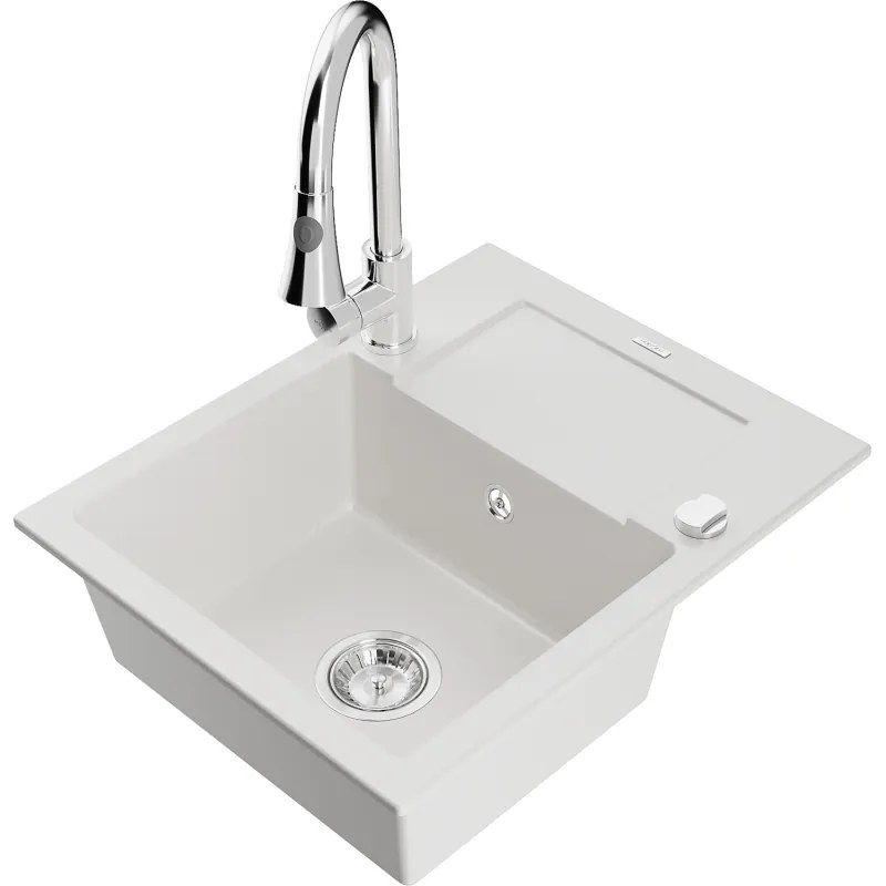 Mexen Enzo, 1-komorový granitový drez 576x465x174 mm a drezová batéria Elia, biela, 6506-20-670101-00