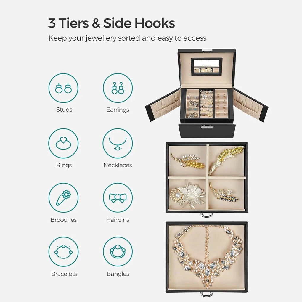 Šperkovnica 3-úrovňová, 2 zásuvky, s cestovným puzdrom, čierna