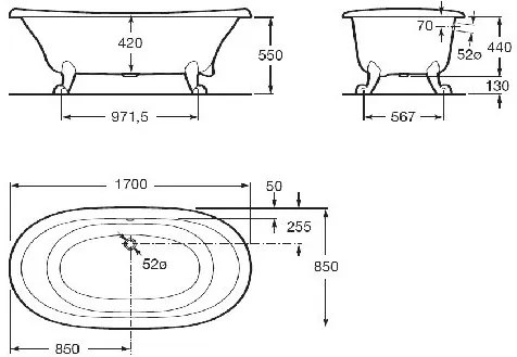 Roca Newcast liatinová smaltovaná vaňa 170 x 85cm, 222l, sivá / biela antislip 7233650000