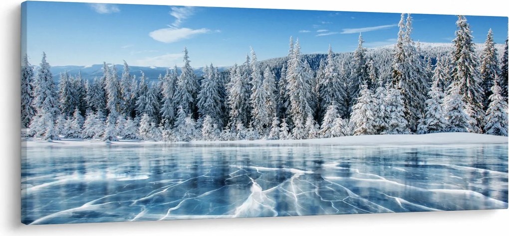 Obraz zamrznutého jazera a zasnežených stromov (120x50 cm)