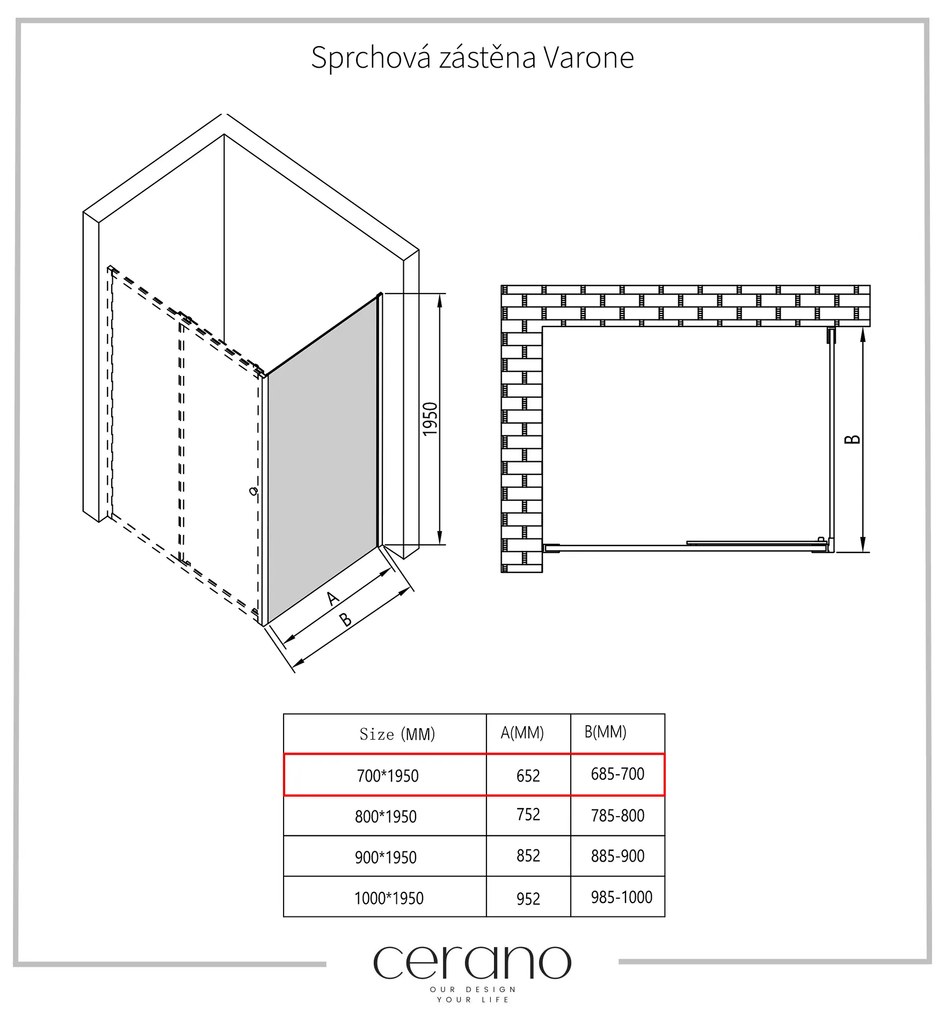 Cerano Varone, sprchovací kút s posuvnými dverami 130(dvere) x 70 (stena) x 195 cm, 6mm číre sklo, čierny profil, CER-CER-DY505B-13070