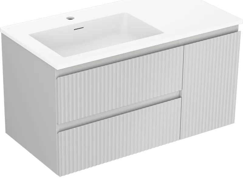 Mexen Rivel, kúpeľňová skrinka 90 cm s umývadlom Otis vľavo, 2S, 1D, drážkovaná, sivá matná/biela matná - 91A23-09047-3-BBFFF62-W18L01