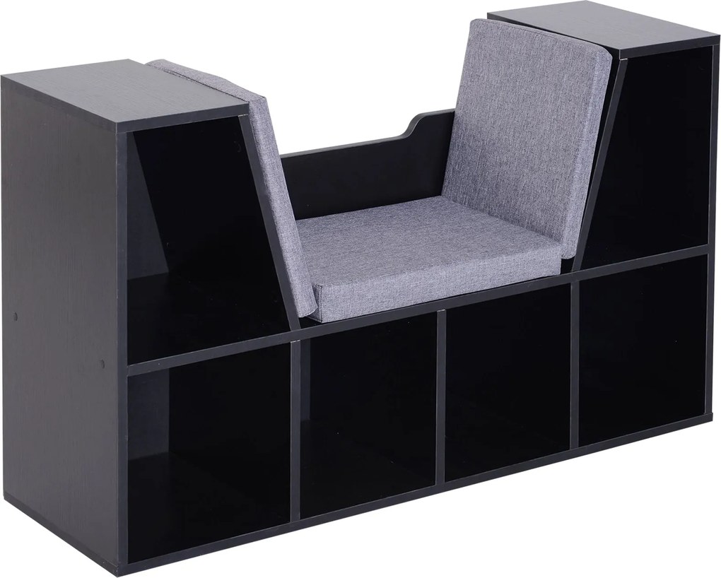 HOMCOM Moderný dizajn 2-v-1 Knižnica s lavicou a 6 priehradkami, 3 vankúšmi, 102Š x 30H x 61V cm Čierna Šedá | Aosom