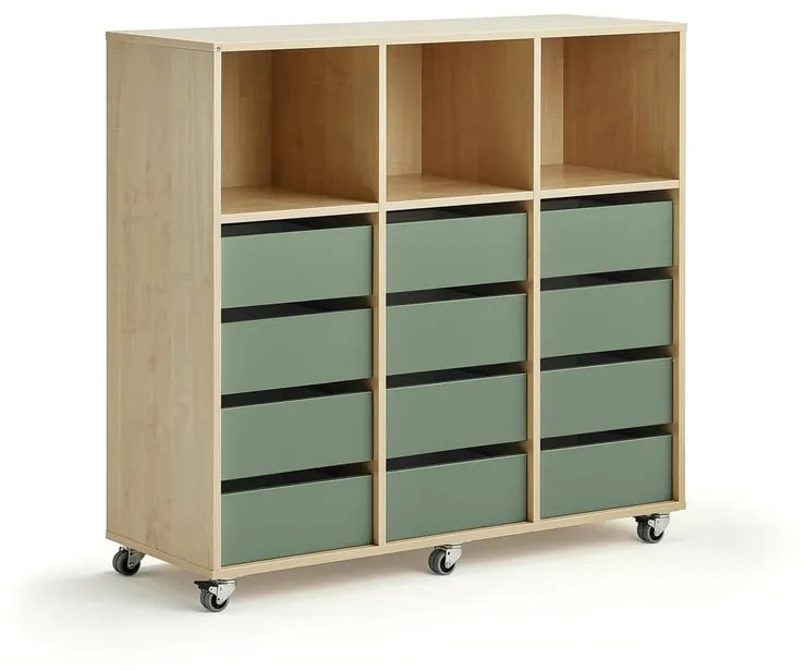 Úložná skriňa CASPER, 12 zásuviek, 3 priehradky, breza, tmavozelená