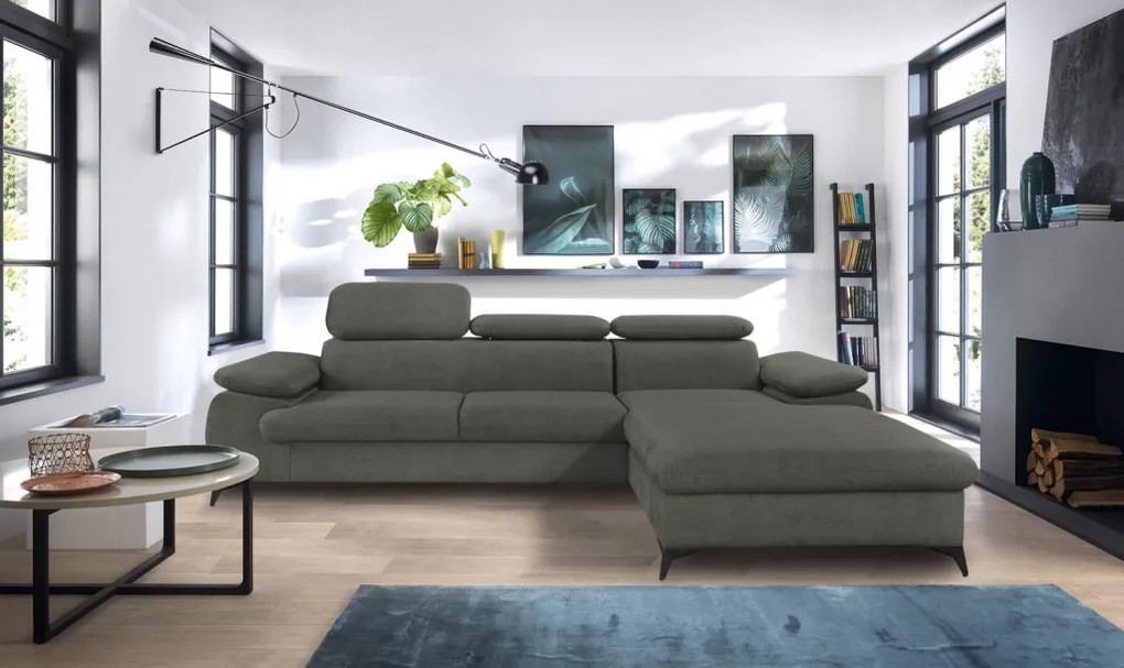 Rohová sedacia súprava Scala, olivovo zelená látka, pravý roh