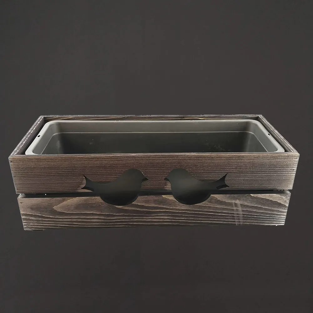 AMADEA Drevený obal na kvetináč tmavý s vtáčikmi, 52x21,5x17cm, český výrobok