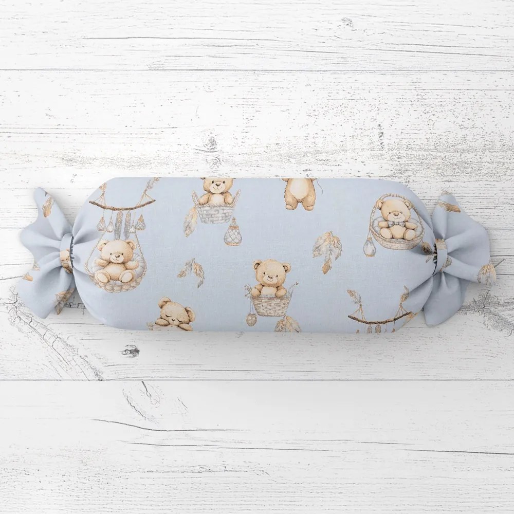 Biante Detský vankúš valec bonbon Sandra SA-615 Medvedíky v košíčkoch na modrom 15x40 cm