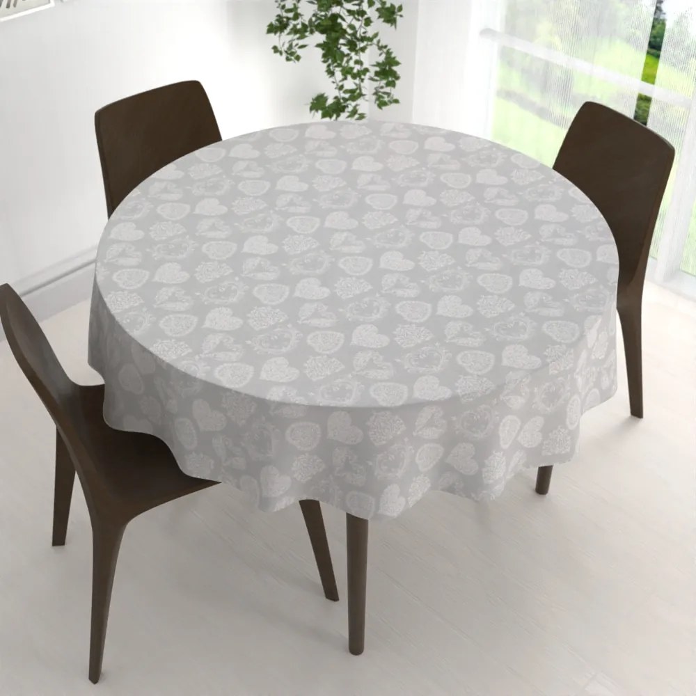 Biante Dekoračný okrúhly obrus PML-071 Srdce s ornamentami na sivom Ø 100 cm