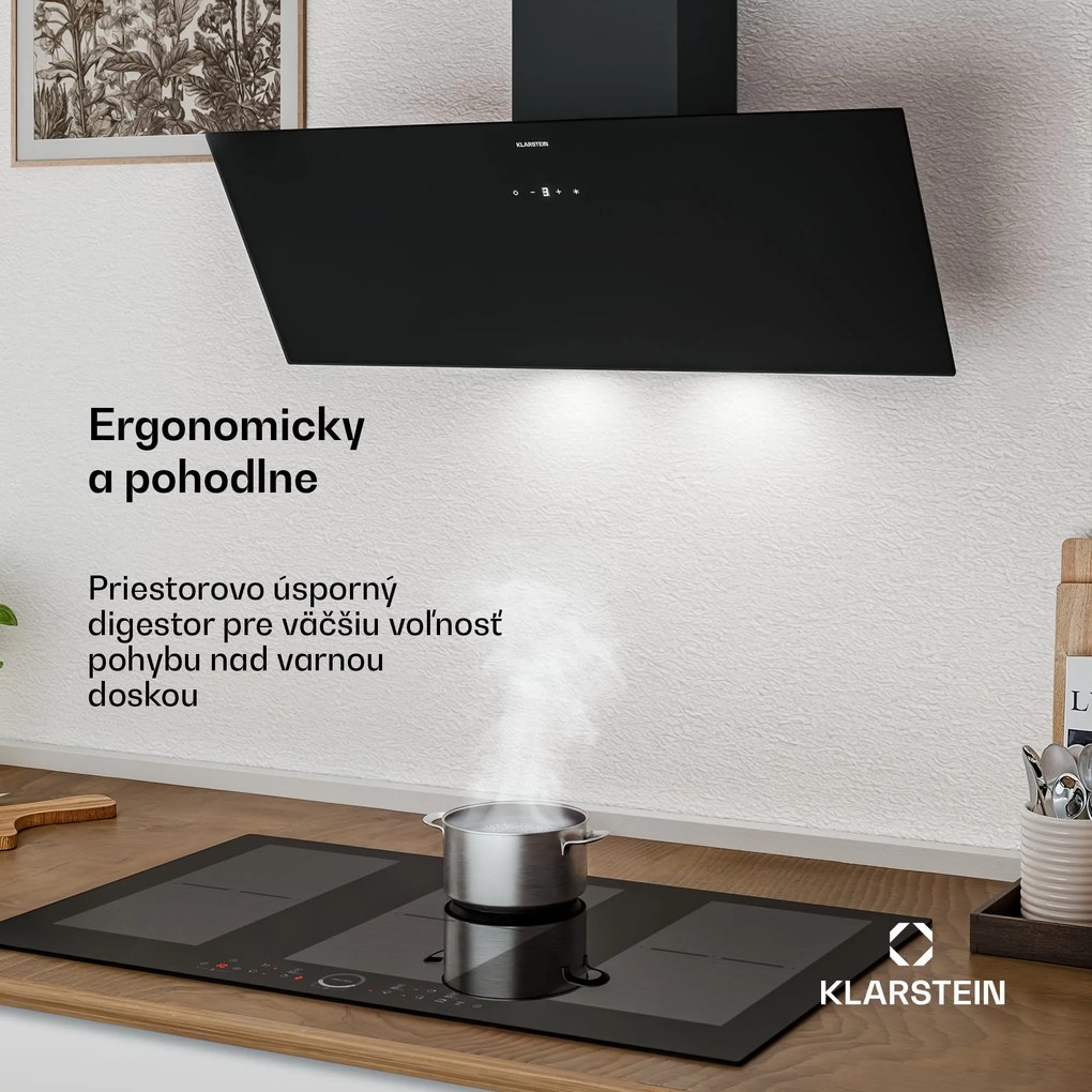 Klarstein Laurel šikmý digestor | režim odsávania vzduchu a recirkulácie | bezpečnostné sklo | 417 m³/h | 90 cm