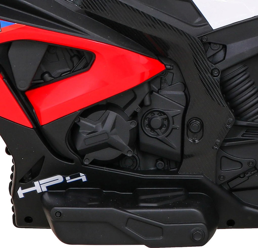 Ramiz BMW HP4 Detský motocykel na batérie Červená + 3 kolieska + LED + MP3 USB + Eco koža