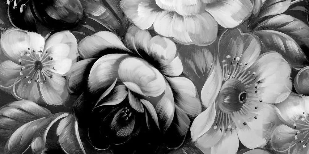 Obraz svet kvetín v čiernobielom prevedení - 120x60