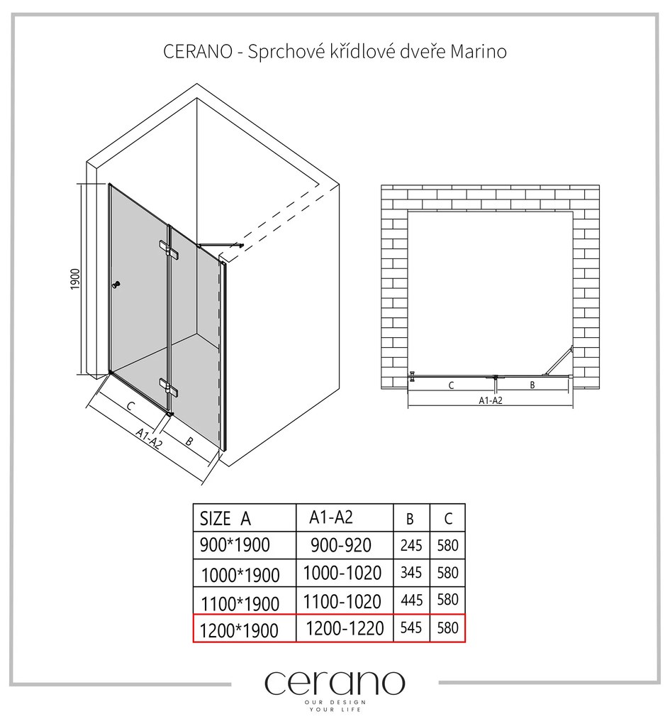 Cerano Marino, 1-krídlové delené sprchové dvere 120x190 cm, 6mm číre sklo, chrómový profil, CER-CER-420210