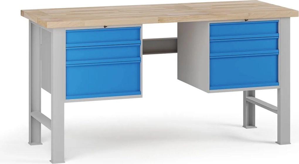 Dielenský pracovný stôl G7, buková škárovka, 1700 x 800 x 840 mm, 2x kontajner, 6 zásuviek, modrá