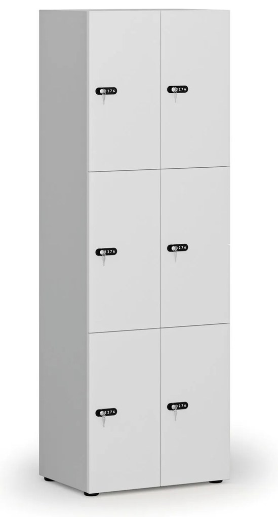 Drevená šatníková skrinka S4 s úložnými boxmi, 6 boxov, demont, mechanický kódový zámok, sivá/biela