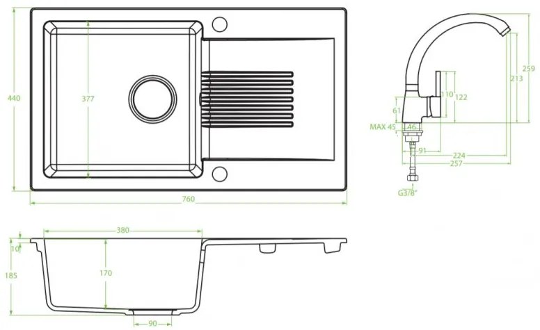 Laveo Ceilia, 1-komorový drez 760x440x185mm + drezová batéria, čierna, LAV-SJCG711T