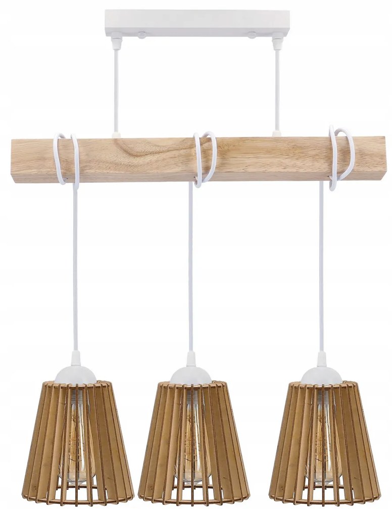 BERGE LED závesné stropné svietidlo biely drevený trám 3xE27 Drevený kužeľový luster
