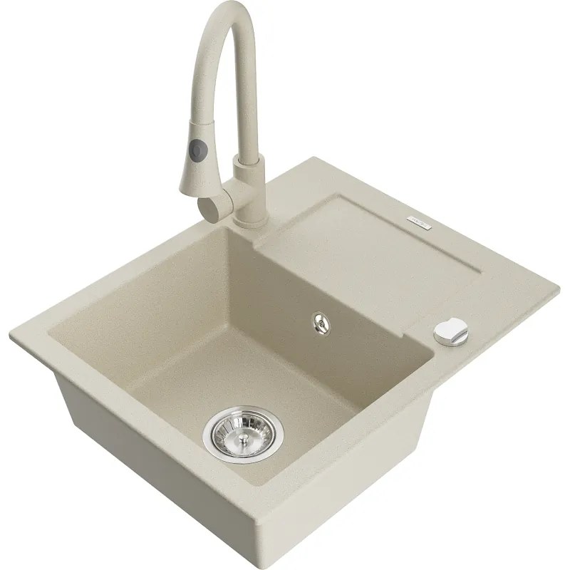 Mexen Enzo, 1-komorový granitový drez 576x465x174 mm a drezová batéria Elia, béžová, 6506-69-670101-69