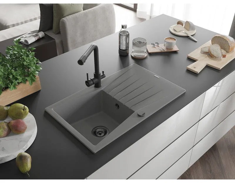 Mexen Cesar, granitový drez 775x470x190 mm, 1-komorový a čierna matná batéria Duero, šedá, 6514-71-671600-70-B