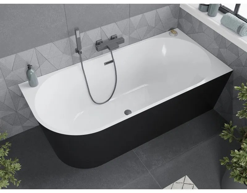 Mexen Mia, voľne stojaca rohová vaňa, pravá, 150 x 75 cm, biela-čierna, brúsený grafit prepad, 52691507575P-95