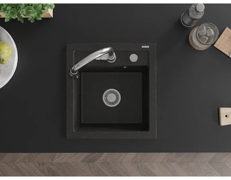 Mexen Vito, 1-komorový granitový drez 490x520x210 mm a drezová batéria Elia, čierna-zlatá metalíza, 6503-75-670101-00
