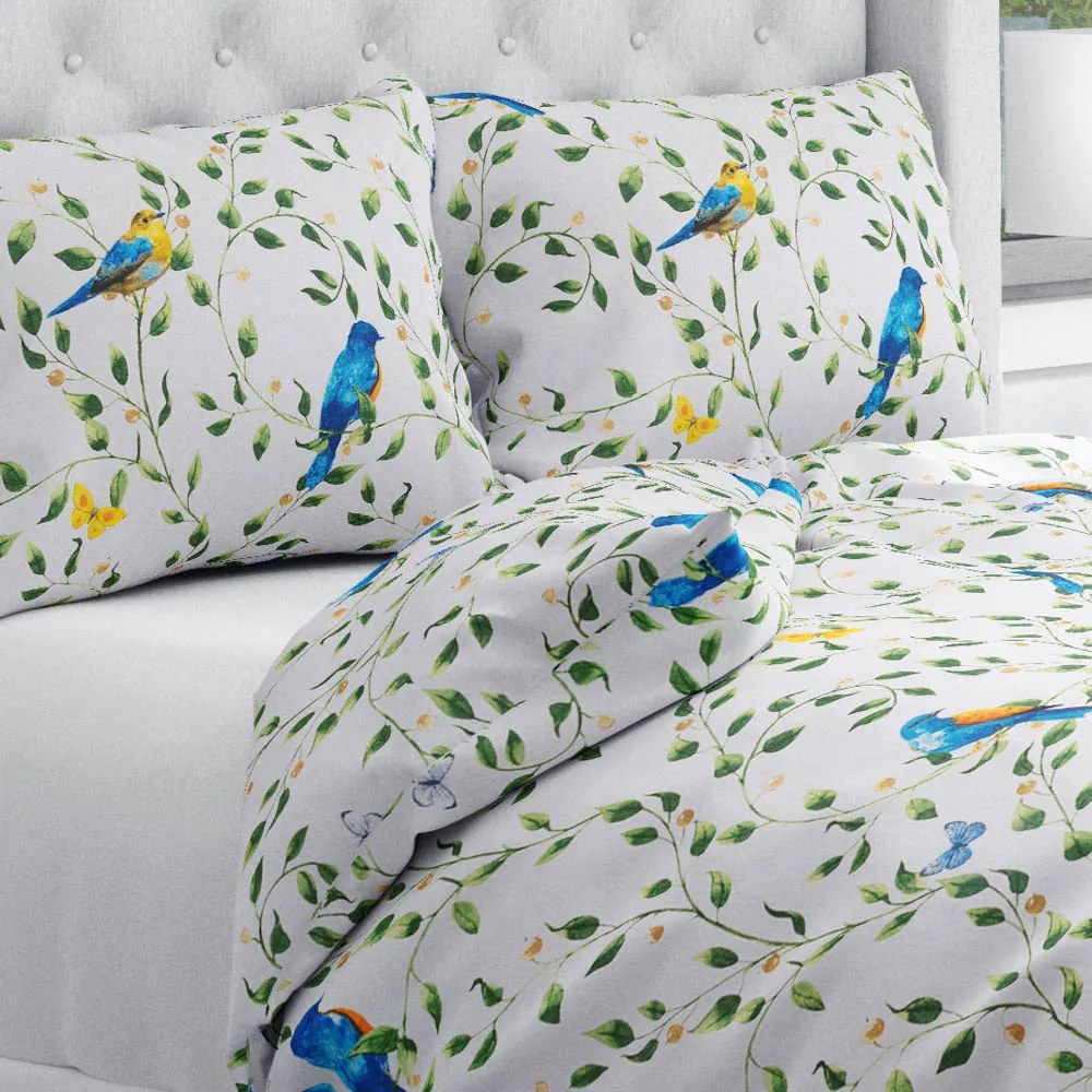 Biante Bavlnené posteľné obliečky Sandra SA-501 Modré vtáky a vetvičky na bielom Predĺžené 140x220 a 70x90 cm