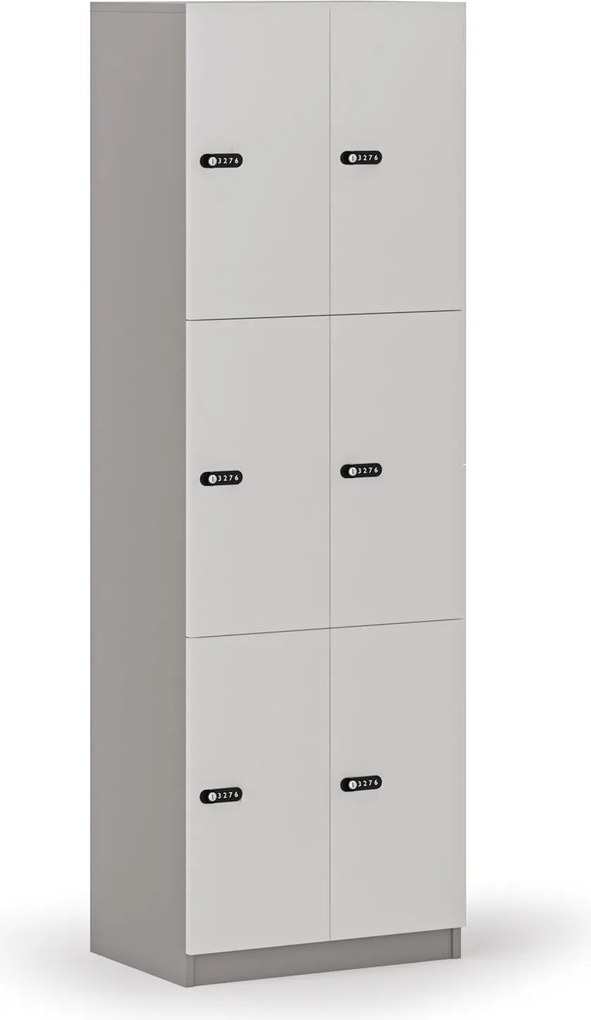 Drevená šatníková skrinka S4 s úložnými boxmi, 6 boxov, demont, mechanický kódový zámok, sivá/biela