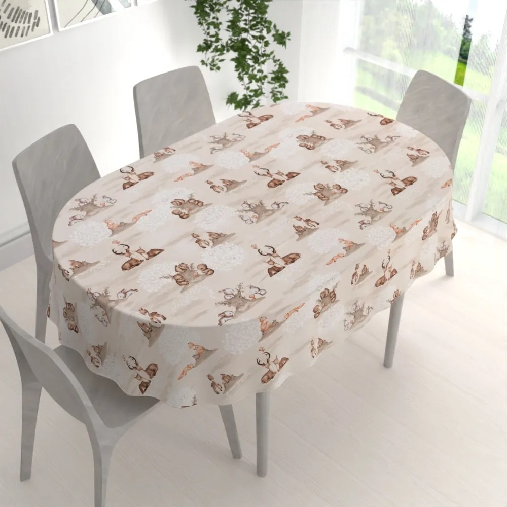 Biante Detský bavlnený oválny obrus Sandra SA-698 Hnedé lesné zvieratká na béžovom 140x180 cm