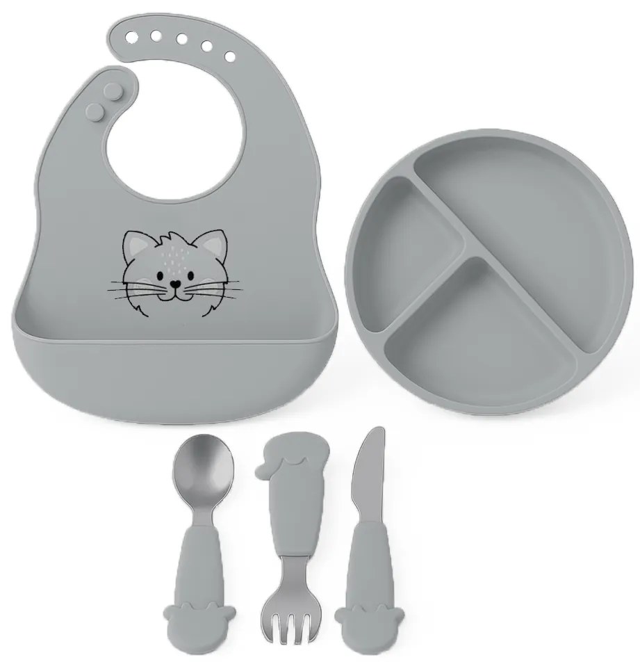 Dětský silikonový set FreeON - šedý talíř, příbor a bryndák