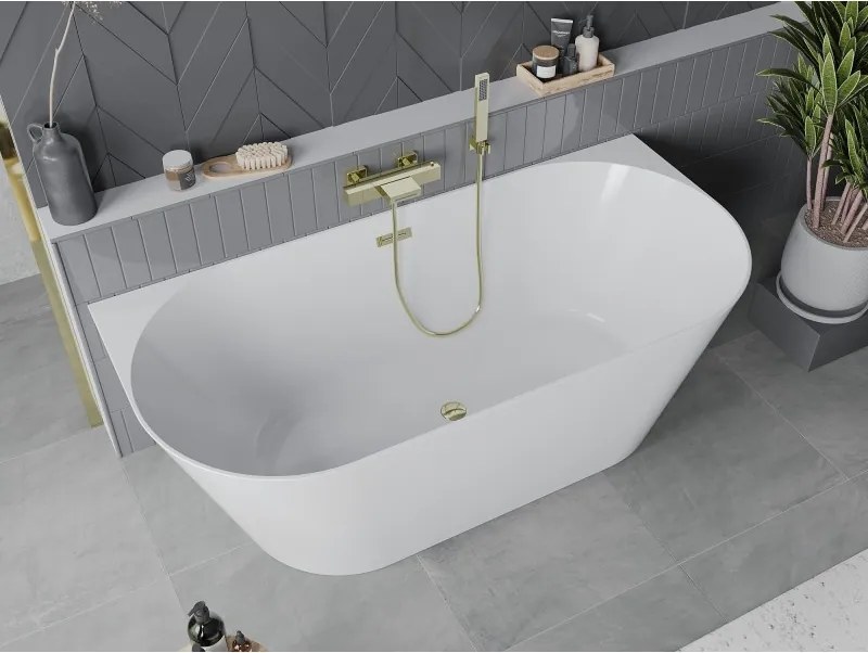 Mexen Oval Slim, voľne stojaca vaňa ku stene 170 x 80 cm, biela lesklá, zlatý lesklý prepad, 52661708000-50