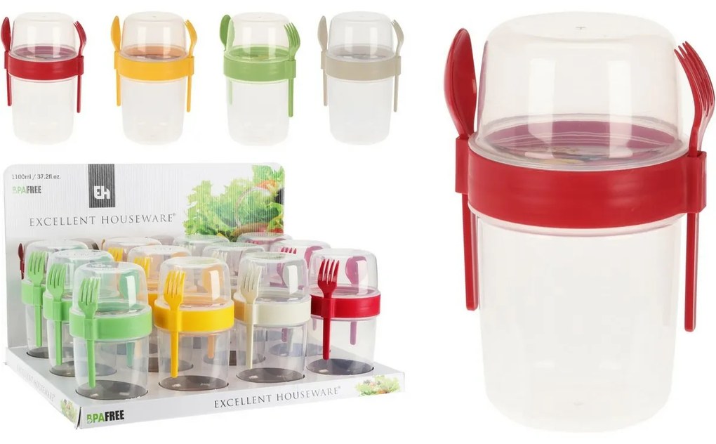 EH Miska na šalát s príborom, 1100 ml, plast, mix farieb